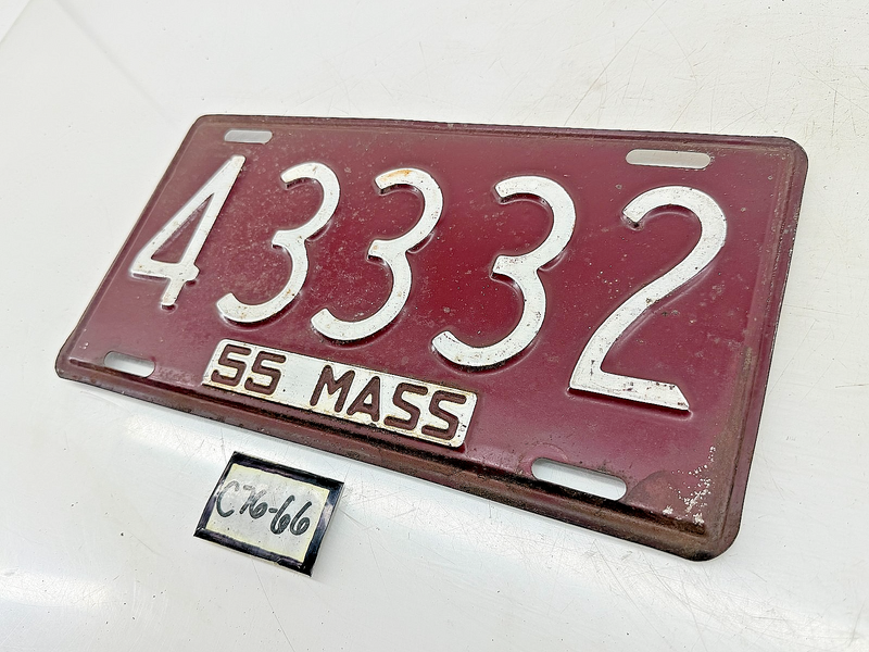 Orig. Paint 1955 43332 Massachusetts License Plate Sign MA 43332 C76-66