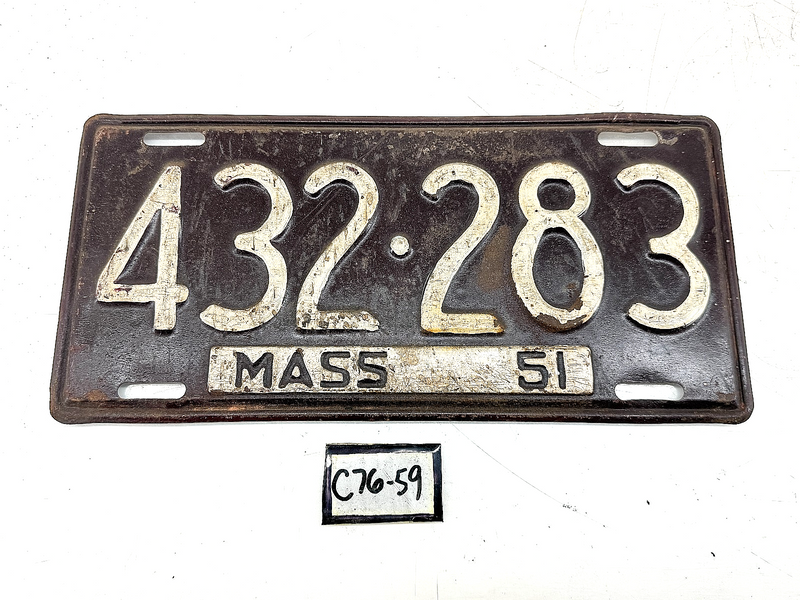 Orig. Paint 1951 432283 Massachusetts License Plate Sign MA 432-283 C76-59