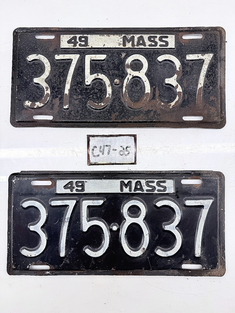 Original Paint PAIR of 1949 MA 375-837 Massachusetts License Plate Sign C47-25
