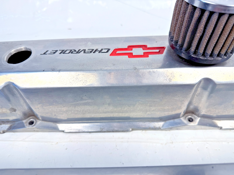 GM SBC Aluminum Polished Valve Covers Red Bowtie Dual Breathes U5B-54