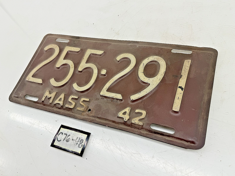 Orig. Paint 1942 255291 Massachusetts License Plate Sign MA 255-291 C76-48