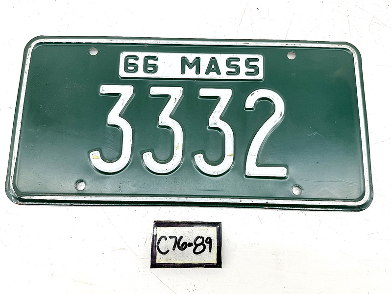 Orig. Paint 1966 3332 Massachusetts License Plate Sign MA 3332 C76-89