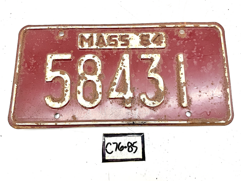 Vintage 1964 58431 Massachusetts License Plate Sign MA 58431 C76-85