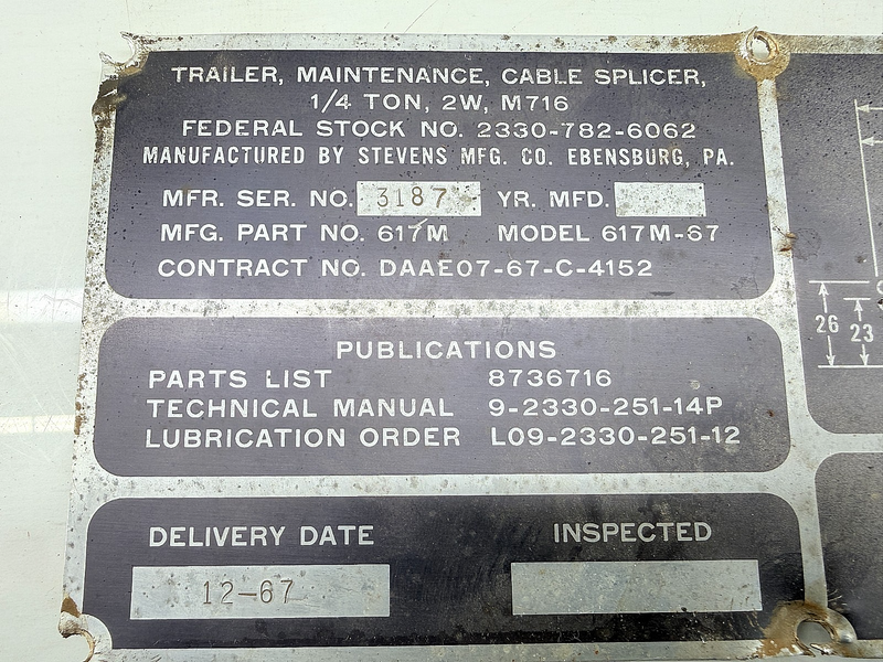 Original Master Data Plate Trailer Maint. Cable Splicer 617M-67 Willys C44-22