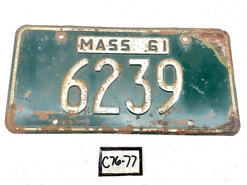 Orig. Paint 1961 6239 Massachusetts License Plate Sign MA 6239 C76-77