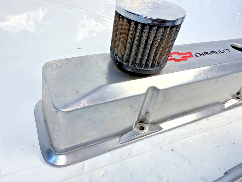 GM SBC Aluminum Polished Valve Covers Red Bowtie Dual Breathes U5B-54