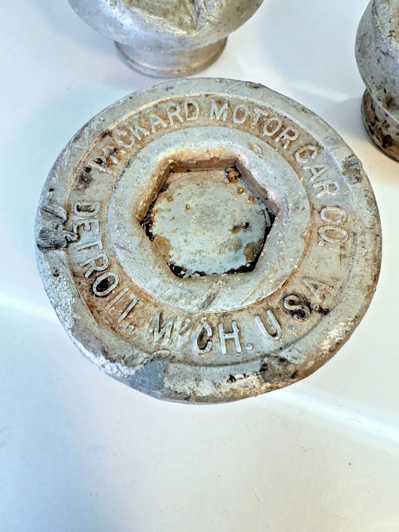 (3) RARE 1920'S PACKARD MOTOR CO. GREASE WHEEL HUB CAP WOODEN WIRE WHEEL B17-28