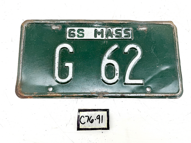 Orig. Paint 1966 G62 Massachusetts License Plate Sign MA G62 C76-91