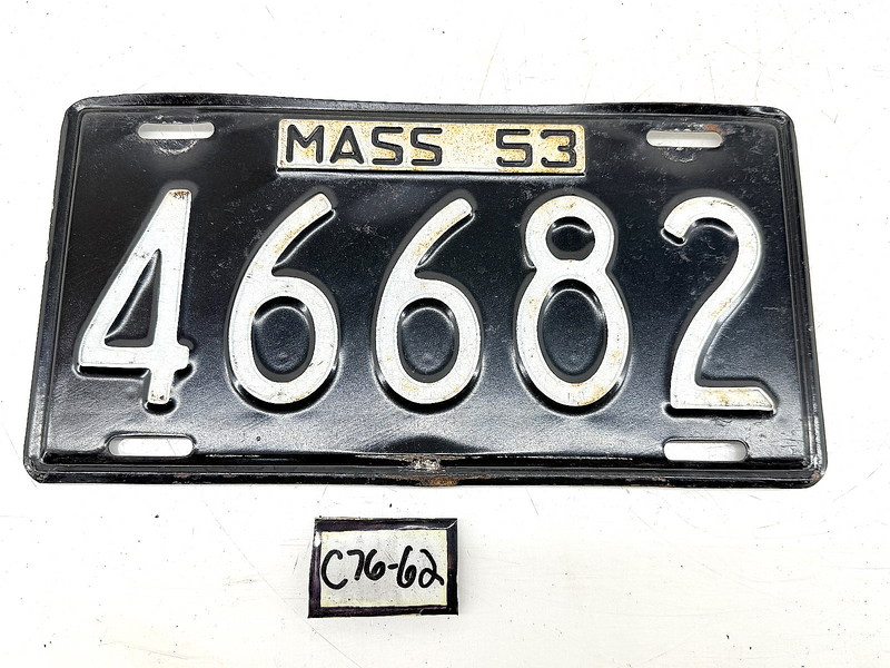 Orig. Paint 1953 46682 Massachusetts License Plate Sign MA 46682 C76-62