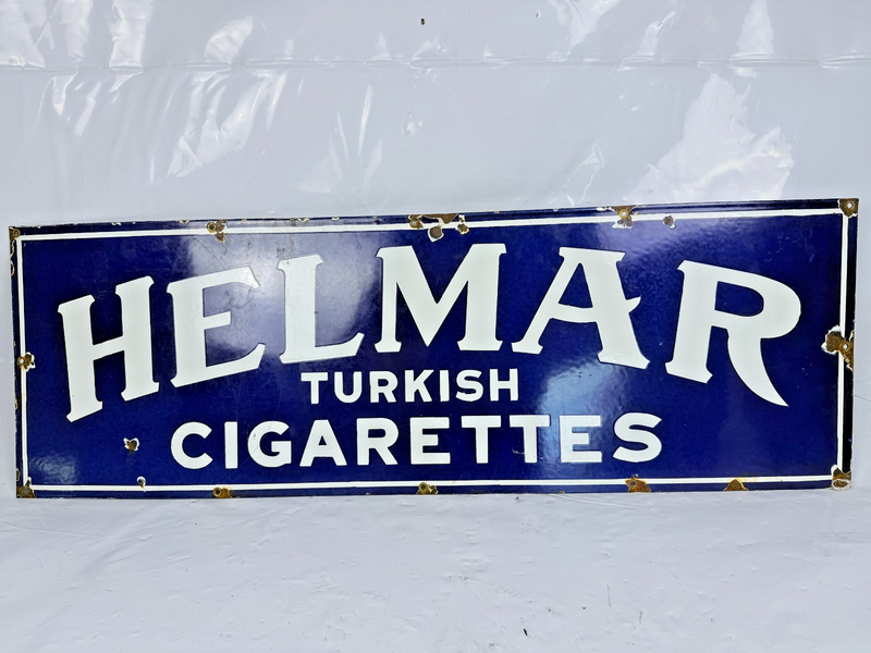 VINTAGE ORIGINAL HELMAR TURKISH CIGARETTES PORCELAIN COBALT BLUE ENAMEL SIGN