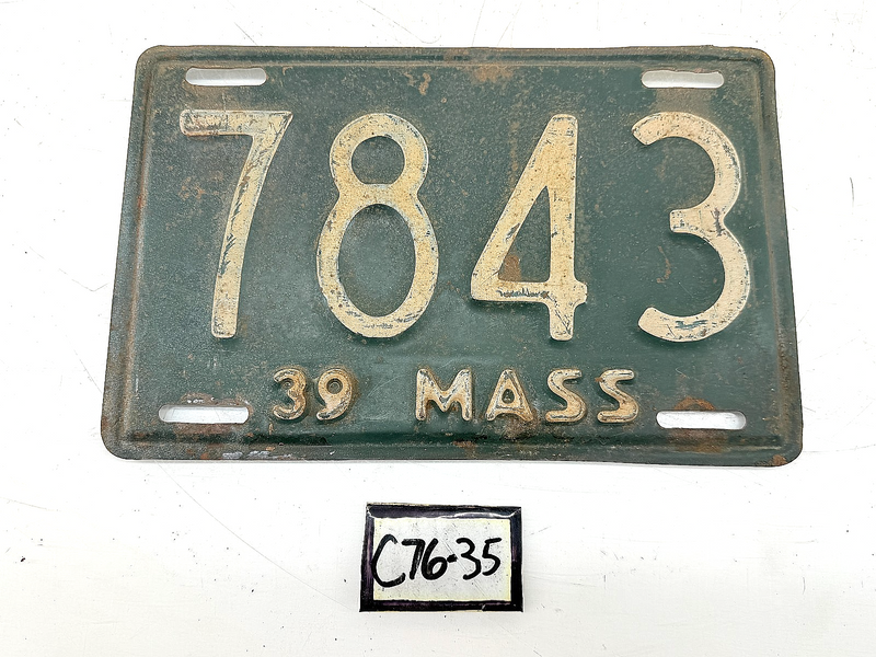 Orig. Paint 1939 7843 Massachusetts License Plate Sign MA 7843 C76-35