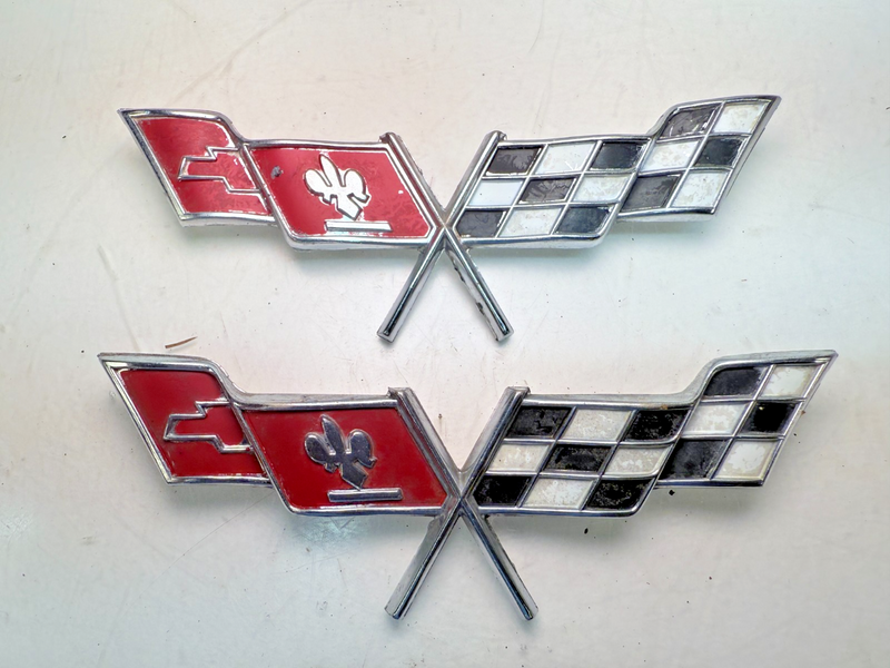OEM 1977 1978 C3 Corvette PAIR Gas Door Cross Flag Emblem GM 379935 E7-46