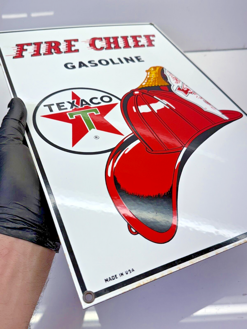 VINTAGE 1986 Texaco Fire Chief Gasoline Porcelain Sign 10-3/4" x 16" Ande Rooney