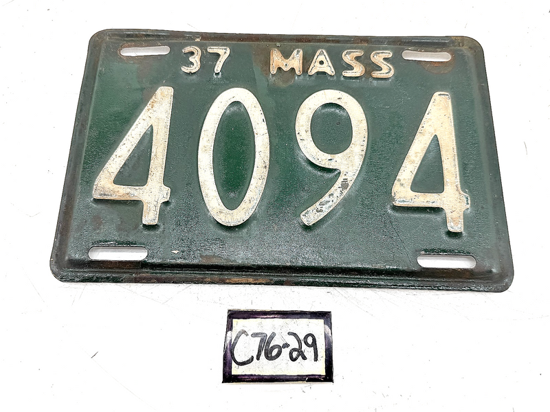 Orig. Paint 1937 4094 Massachusetts License Plate Sign MA 4094 C76-29