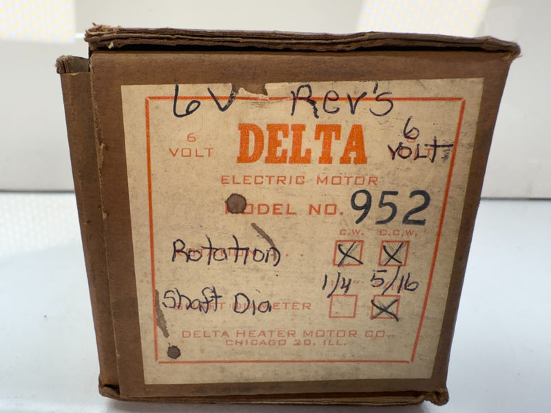 NOS DELTA HEATER MOTOR 952 ROTATION CCW OR CW - 5/16" SHAFT DIAMETER 6V C19-25