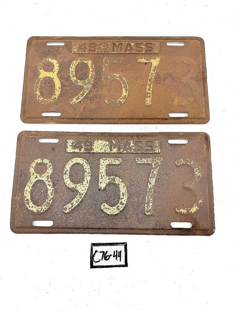 Orig. Paint PAIR 1949 89573 Massachusetts License Plate Sign MA 89573 C76-44