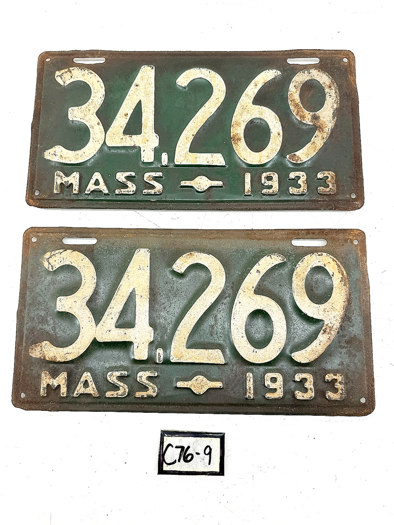 Orig. Paint PAIR 1933 34269 Massachusetts License Plate Sign MA 34.269 C76-9