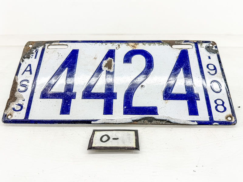 Original Porcelain 1908 4424 Massachusetts License Plate Sign MA 44 24 O-506