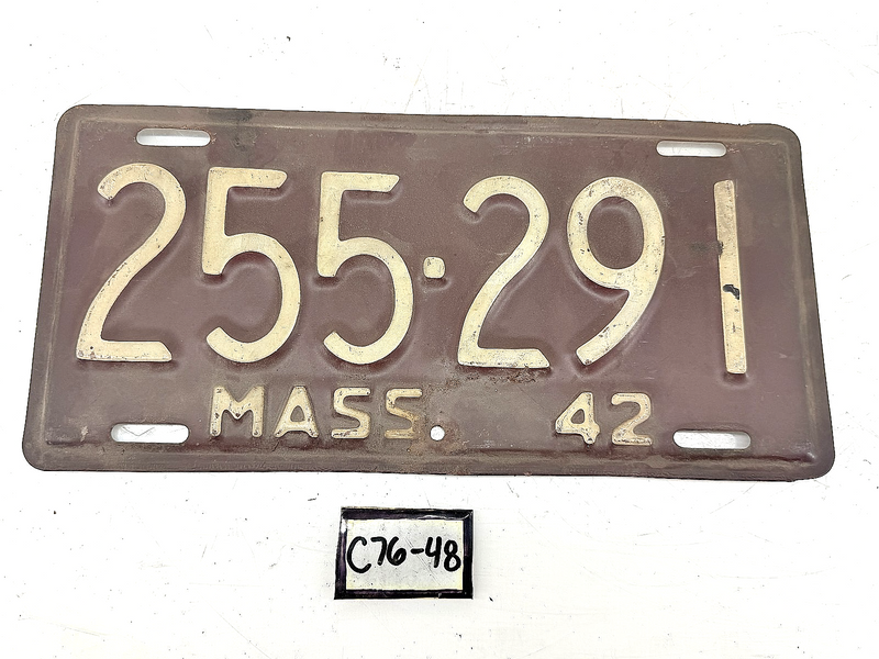 Orig. Paint 1942 255291 Massachusetts License Plate Sign MA 255-291 C76-48