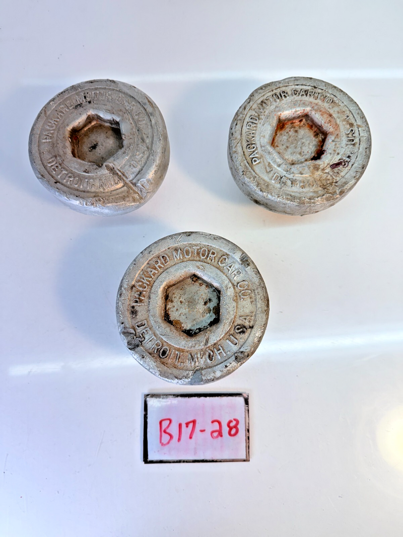 (3) RARE 1920'S PACKARD MOTOR CO. GREASE WHEEL HUB CAP WOODEN WIRE WHEEL B17-28