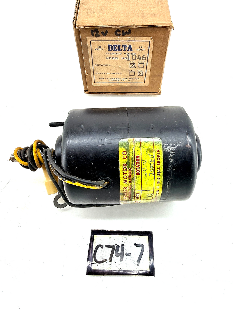 NOS DELTA HEATER MOTOR 1046 - ROTATION CW 2 SPEED - 5/16" SHAFT - 12V C74-7