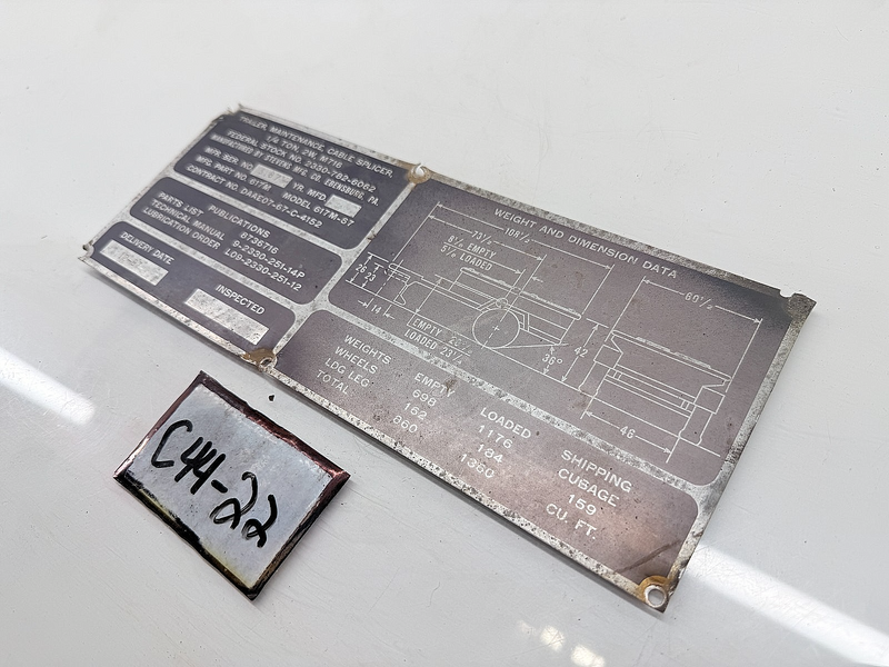 Original Master Data Plate Trailer Maint. Cable Splicer 617M-67 Willys C44-22