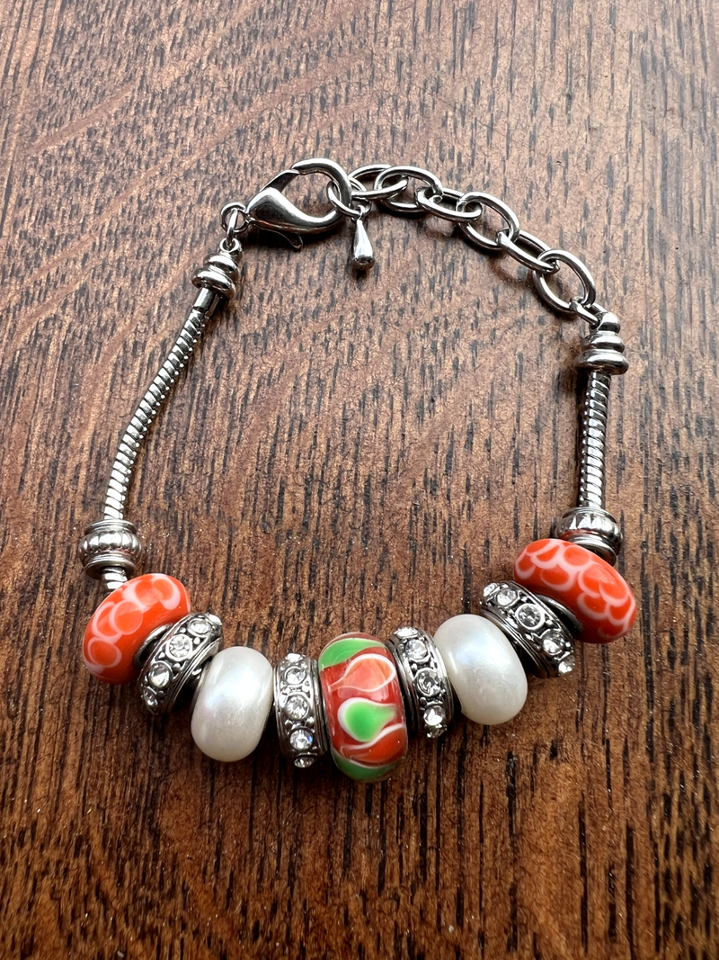 Adjust Silver Tone Charm Bracelet with Orange/Green/White/Silver Glass Beads HB1