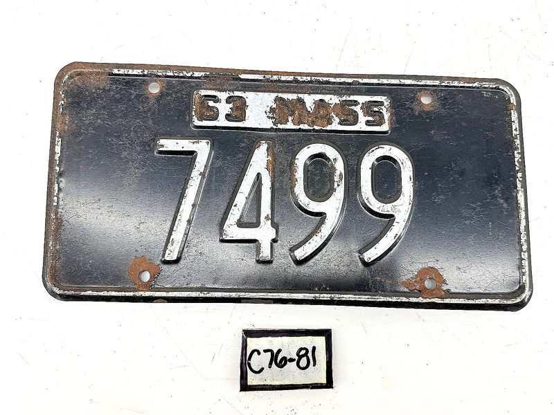Orig. Paint 1963 7499 Massachusetts License Plate Sign MA 7499 C76-81