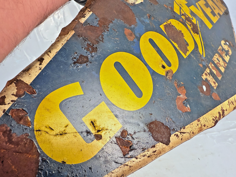 Vintage 1959 Goodyear Tires Gas Station Metal Sign 28" x 13.5" Chevy Ford Dodge
