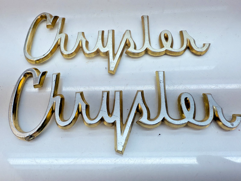OEM 1962 CHRYSLER NEWPORT WINSOR GOLD PAIR of FRONT FENDER EMBLEM BADGE B32-321