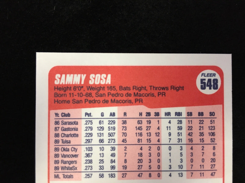 FRESHLY OPENED Sammy Sosa Fleer 1990 #548 Rookie Card ***DOB ERROR***🔥MINT🔥