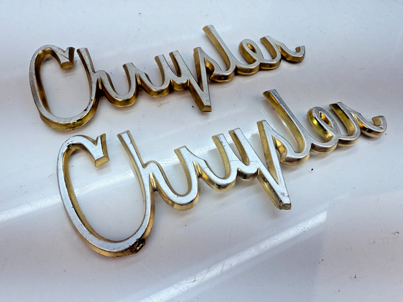 OEM 1962 CHRYSLER NEWPORT WINSOR GOLD PAIR of FRONT FENDER EMBLEM BADGE B32-321