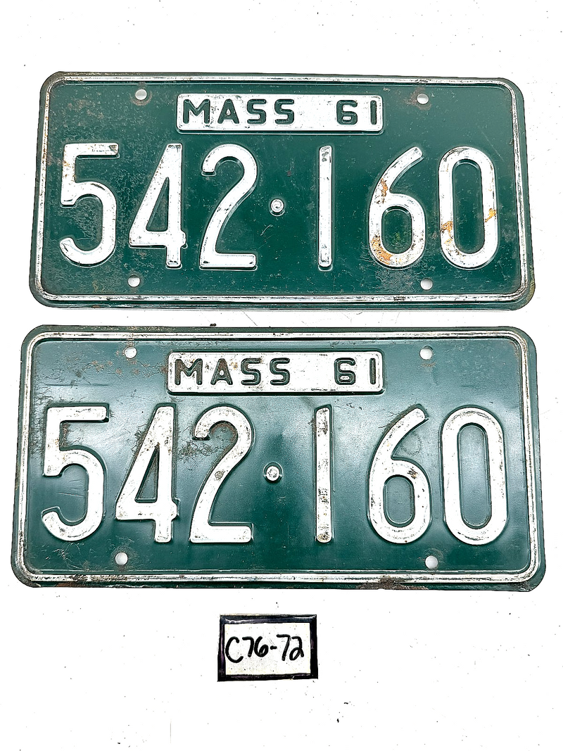 Orig. Paint PAIR 1961 542160 Massachusetts License Plate Sign MA 542-160 C76-72