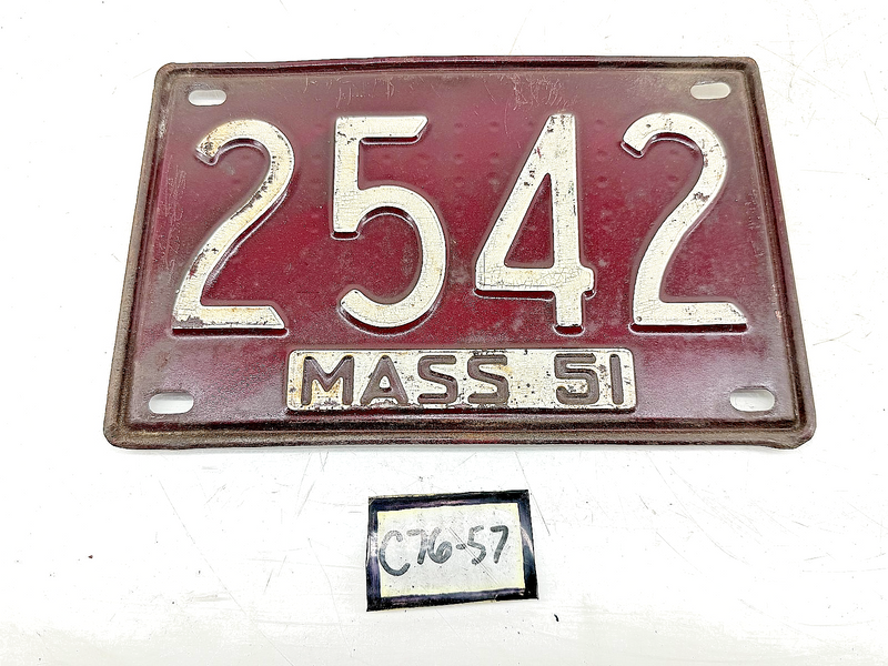 Orig. Paint 1951 2542 Massachusetts License Plate Sign MA 2542 C76-57