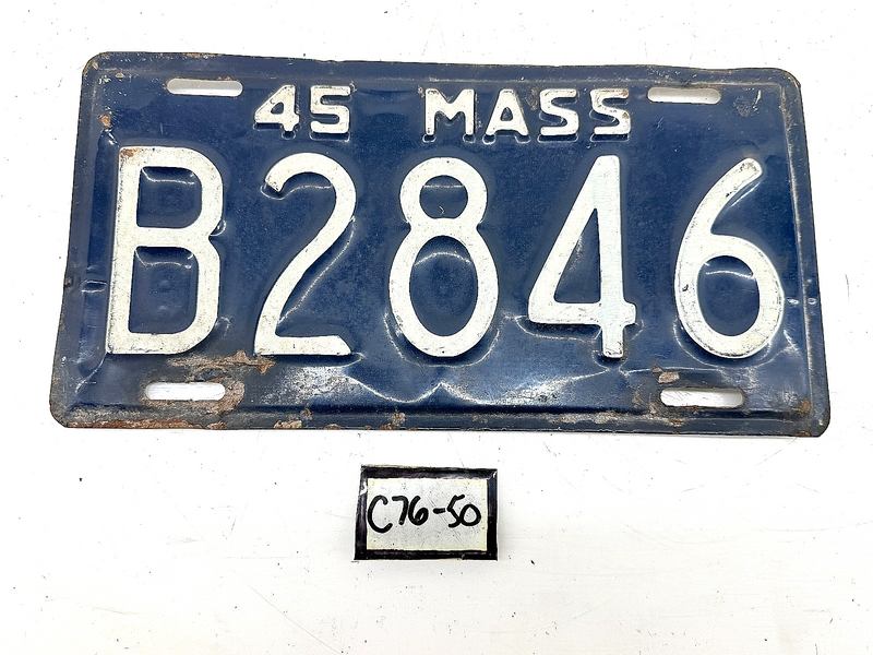 Orig. Paint 1945 B2846 Massachusetts License Plate Sign MA B2846 C76-50