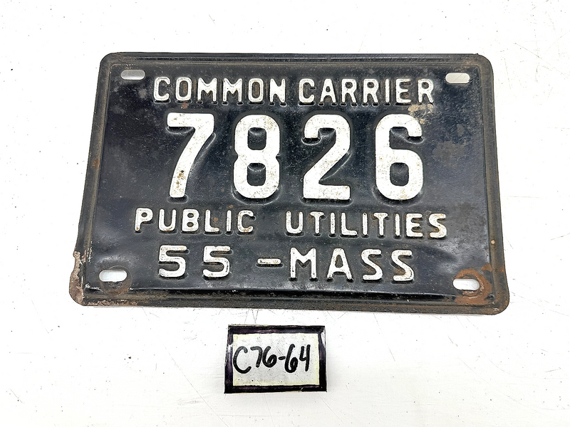 Orig. Paint 1955 COMMON CARRIER 7826 Massachusetts License Plate MA 7826 C76-64