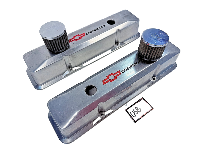 GM SBC Aluminum Polished Valve Covers Red Bowtie Dual Breathes U5B-54
