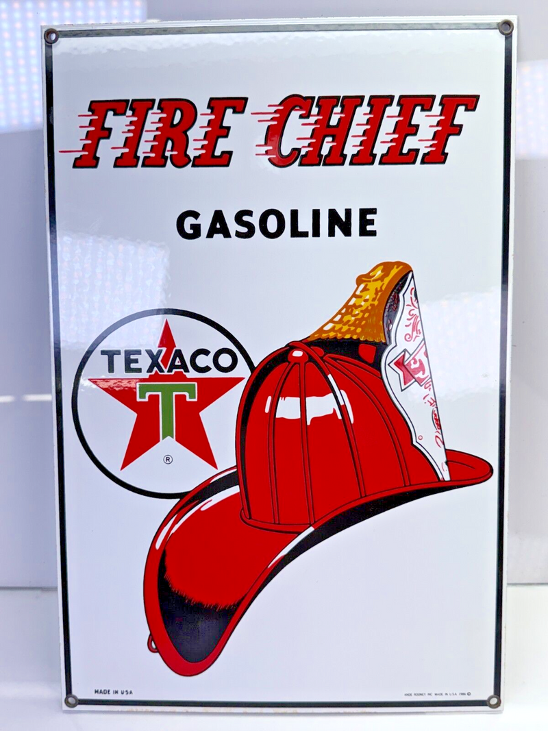 VINTAGE 1986 Texaco Fire Chief Gasoline Porcelain Sign 10-3/4" x 16" Ande Rooney