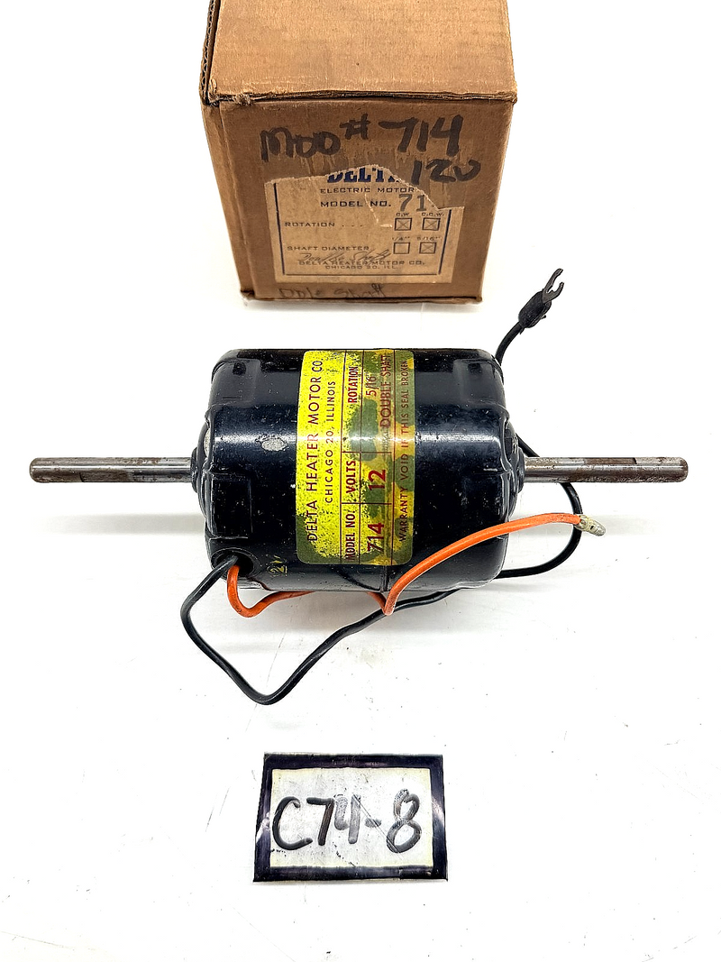 NOS DELTA HEATER MOTOR 714 - ROTATION CCW CW- 5/16" DOUBLE SHAFT 12V C74-8