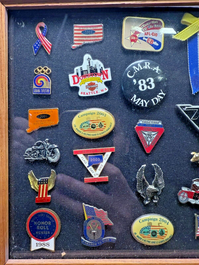 Vintage Framed Harley-Davidson Collector Dealer / Travel Pins Lot 80s 90s 2000s