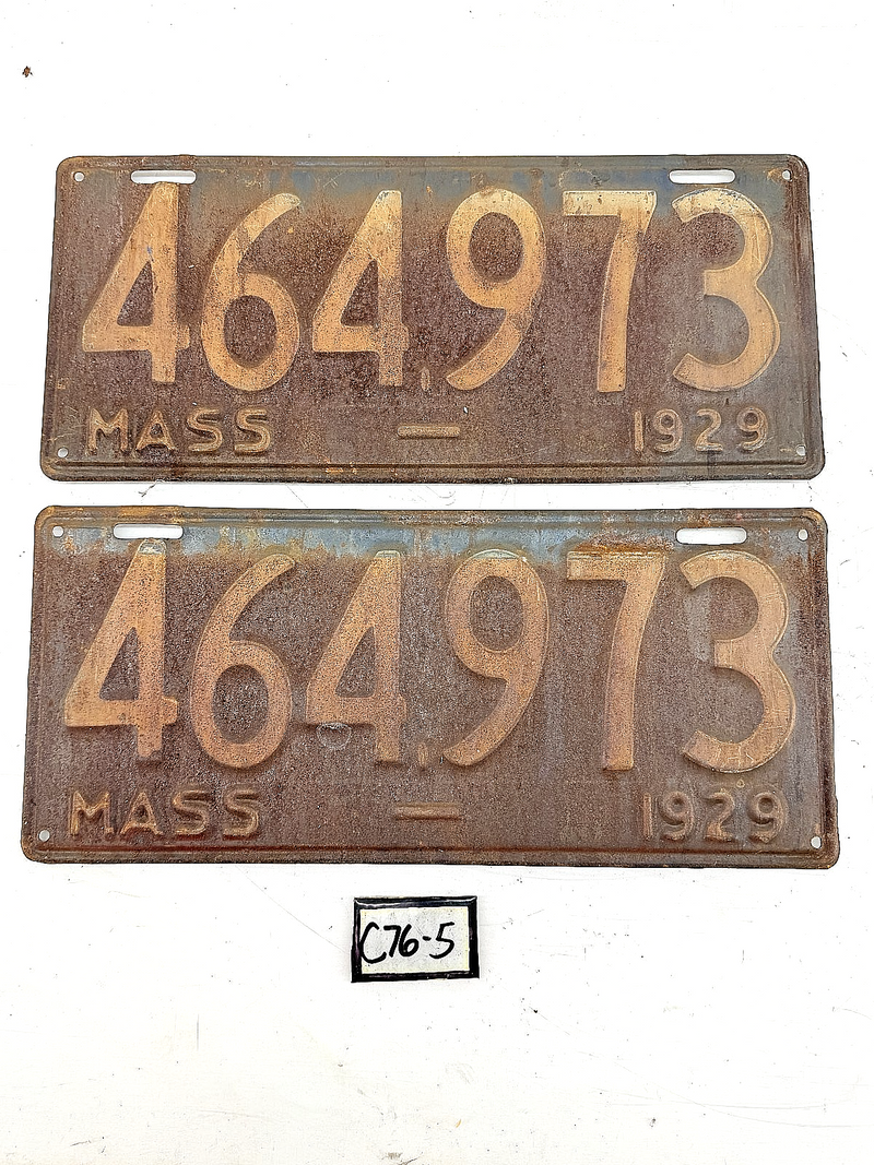 Vintage PAIR 1929 464973 Massachusetts License Plate Sign MA 464.973 C76-5