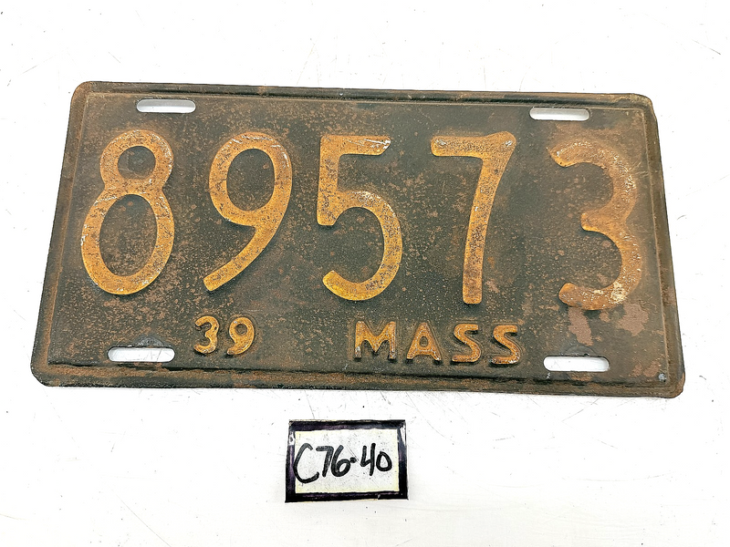 Vintage 1939 89573 Massachusetts License Plate Sign MA 89573 C76-40