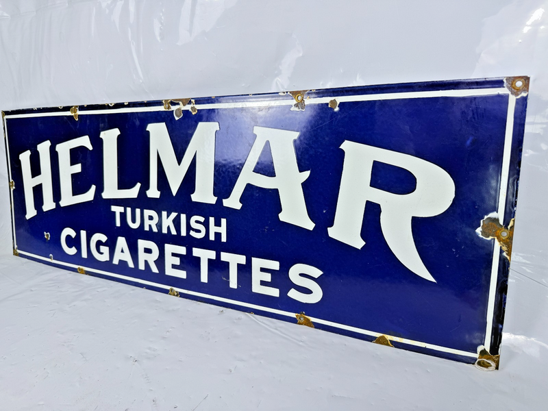 VINTAGE ORIGINAL HELMAR TURKISH CIGARETTES PORCELAIN COBALT BLUE ENAMEL SIGN
