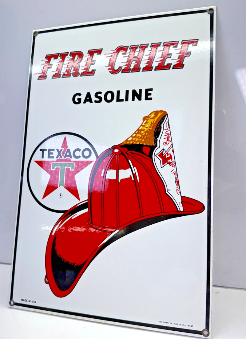 VINTAGE 1986 Texaco Fire Chief Gasoline Porcelain Sign 10-3/4" x 16" Ande Rooney
