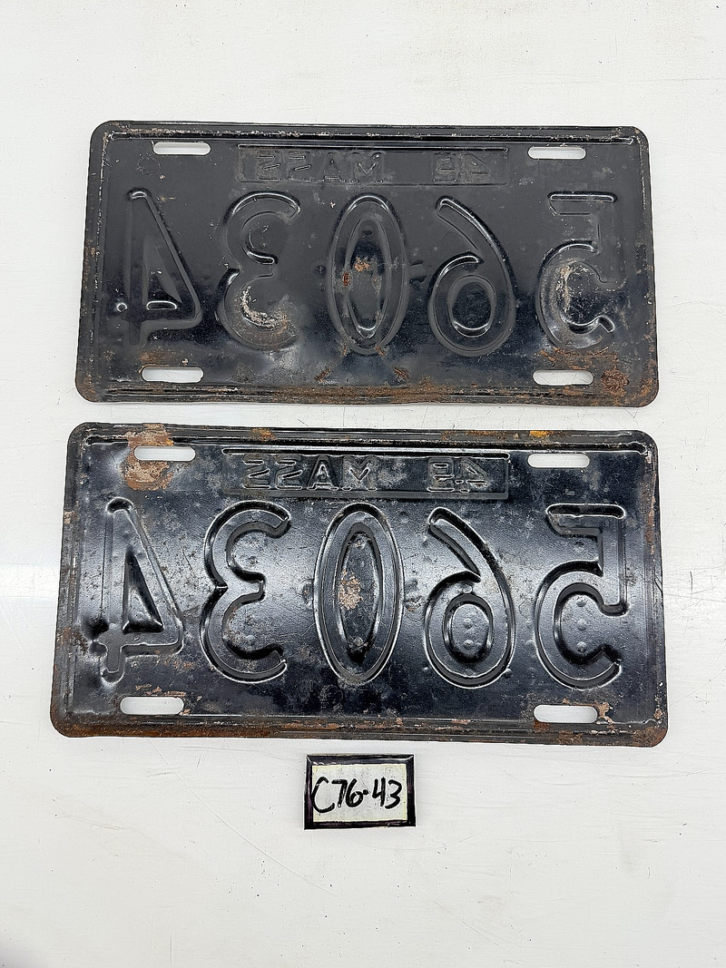 Vintage PAIR 1949 56034 Massachusetts License Plate Sign MA 56034 C76-43