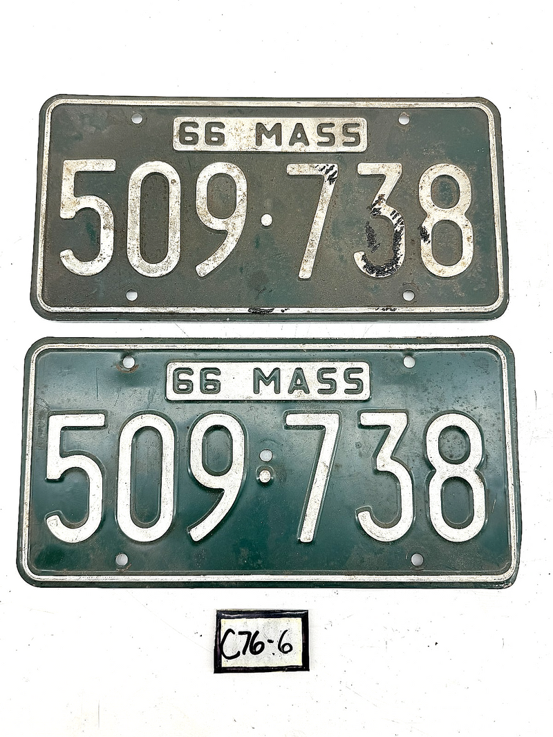 Orig. Paint PAIR 1966 509738 Massachusetts License Plate Sign MA 509:738 C76-6