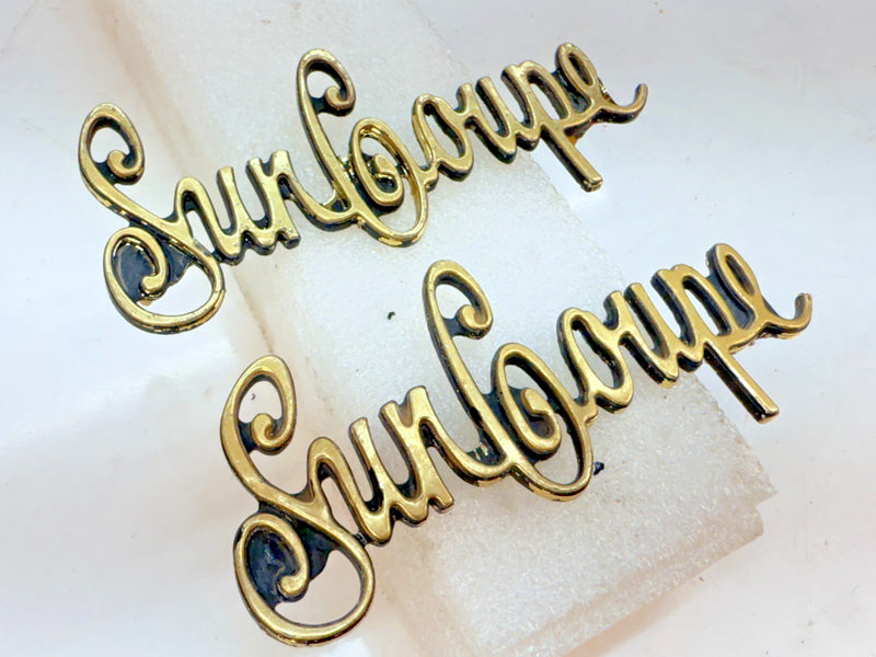 OEM Buick Sun Coupe PAIR of Gold Emblems 1972 Quarter Panel Sail Badge E5-41