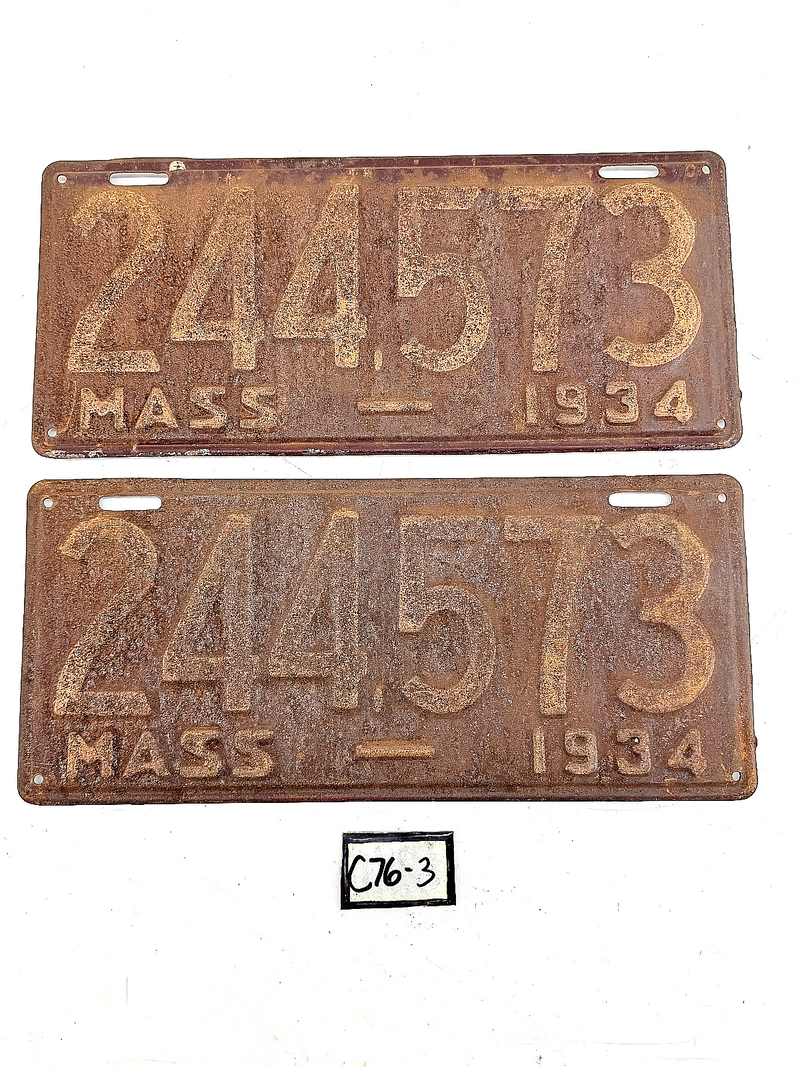 Orig. Paint PAIR 1934 244573 Massachusetts License Plate Sign MA 244.573 C76-3