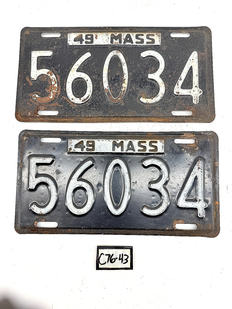 Vintage PAIR 1949 56034 Massachusetts License Plate Sign MA 56034 C76-43