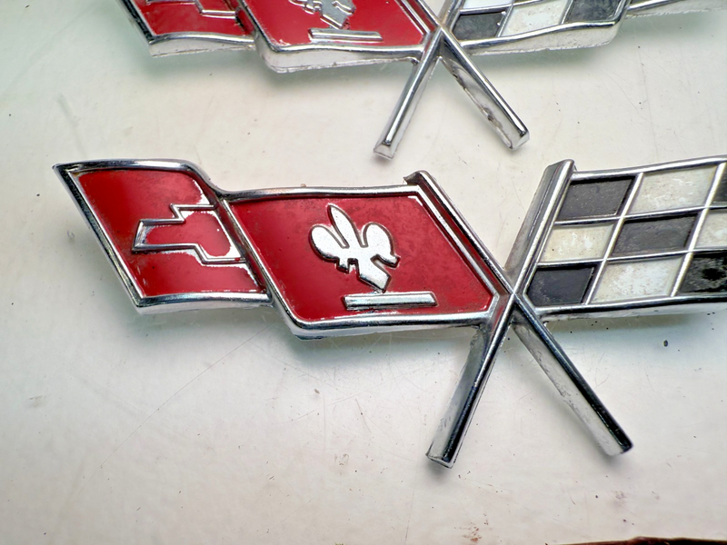 OEM 1977 1978 C3 Corvette PAIR Gas Door Cross Flag Emblem GM 379935 E7-46